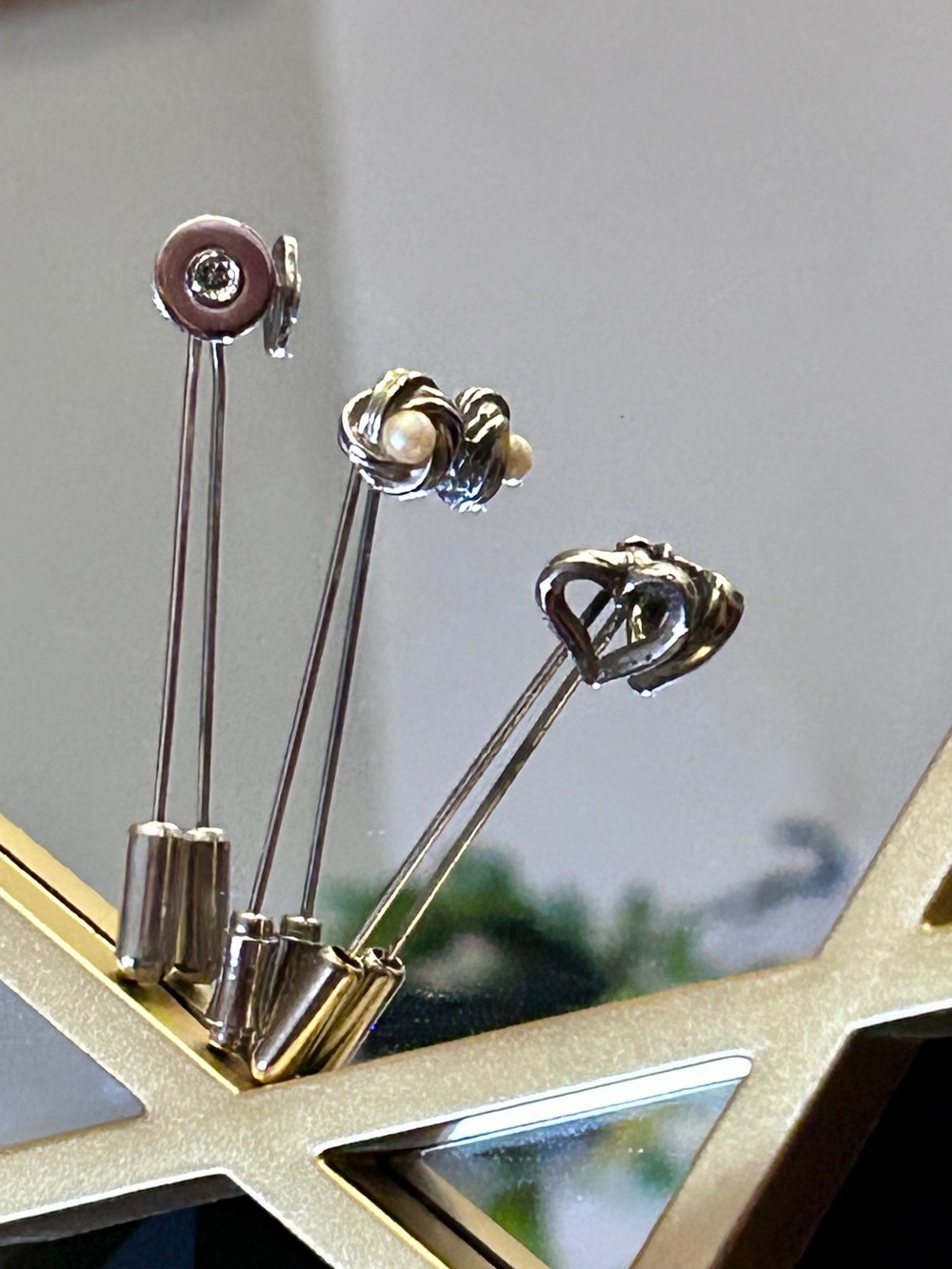 Silver Tone Decorative StickPins Pearl Knot, Open Heart & Diamond CZ Disc EUC 3